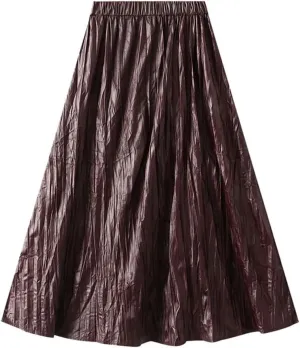 Women's Autumn Pleated High Waisted Midi Skirt Leather Skirt Long Pleated A-Line Skirt