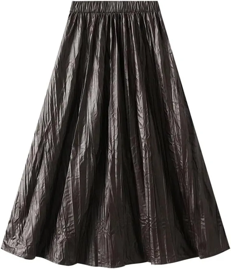 Women's Autumn Pleated High Waisted Midi Skirt Leather Skirt Long Pleated A-Line Skirt
