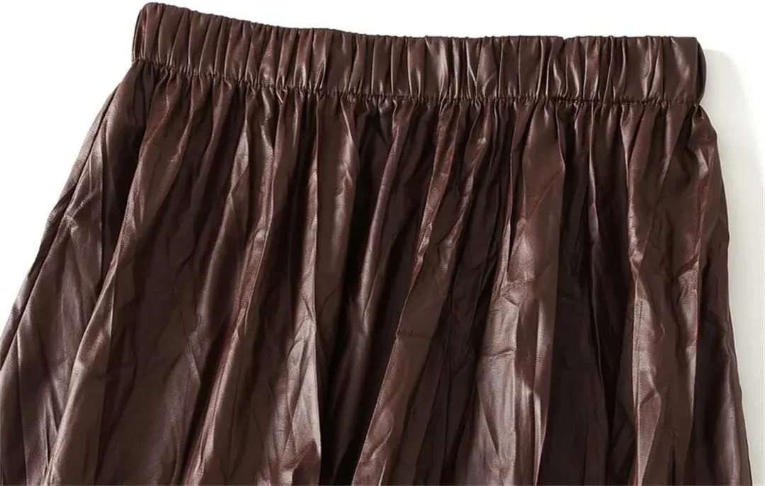 Women's Autumn Pleated High Waisted Midi Skirt Leather Skirt Long Pleated A-Line Skirt