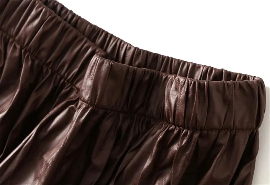 Women's Autumn Pleated High Waisted Midi Skirt Leather Skirt Long Pleated A-Line Skirt