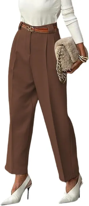 Women's Belted Dress Pants Taper Leg Casual Suit Pants Office Work Business Casual Pants with Pockets
