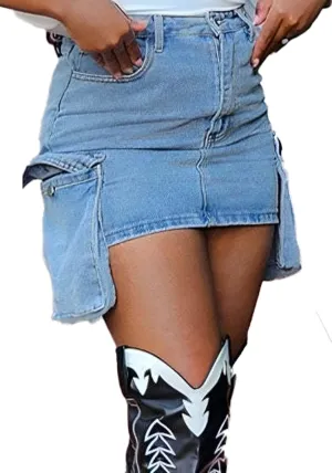 Women's Bodycon Denim Mini Skirt Casual Stretch High Waisted Cargo Jean Skirt with Pockets Y2k Streetwear