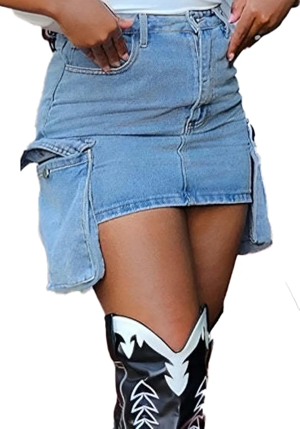 Women's Bodycon Denim Mini Skirt Casual Stretch High Waisted Cargo Jean Skirt with Pockets Y2k Streetwear