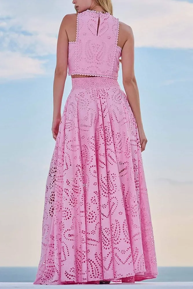 Womens Boho Eyelet Maxi Skirts Lace Flowy A-Line Summer Beach Long Skirts Elegant Outfits