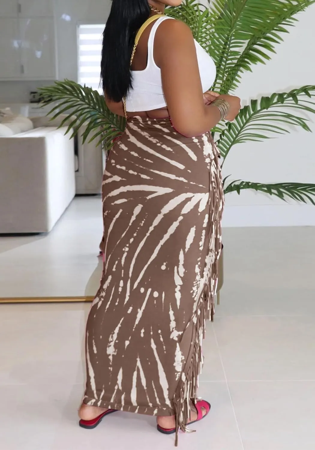 Women's Boho Fringe Midi Skirts Sexy Bodycon High Waisted Side Tassels Wrap Maxi Long Skirt