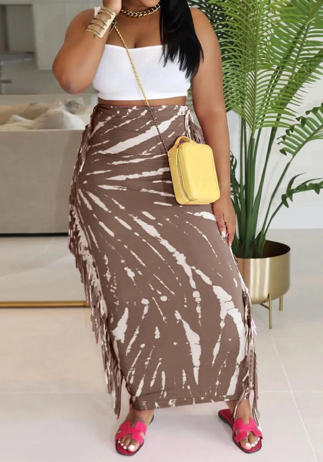 Women's Boho Fringe Midi Skirts Sexy Bodycon High Waisted Side Tassels Wrap Maxi Long Skirt