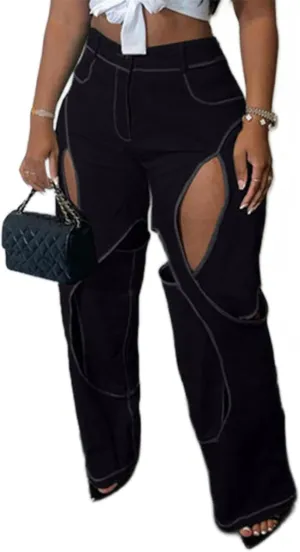 Women's Camo Cargo Pants High Waist Y2K Baggy Cut Out Straight Leg Casual Trousers Streetwear