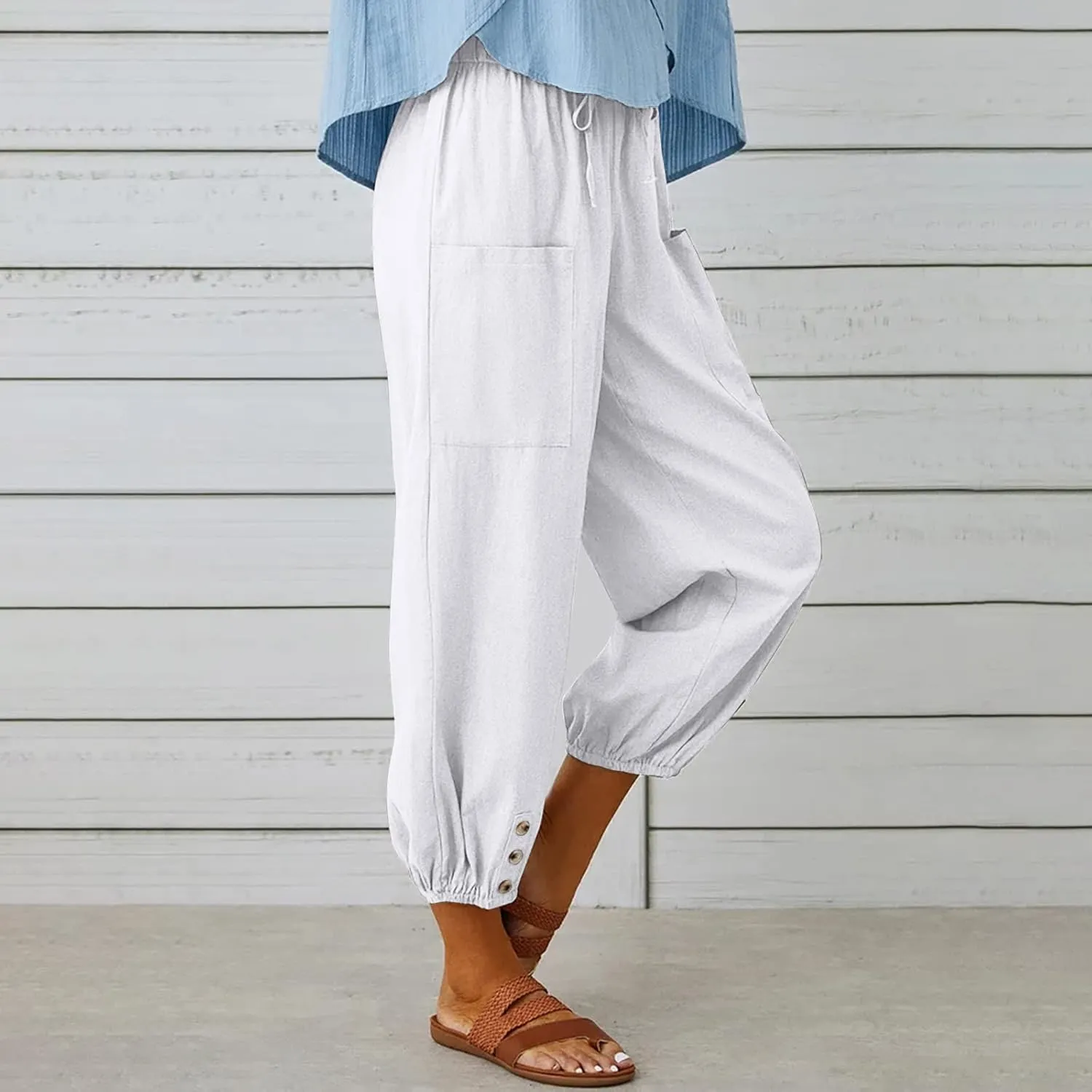 Women's Capri Pants High Waist Drawstring Cinch Bottom with Button Cotton Loose Casual Trouser with Pockets