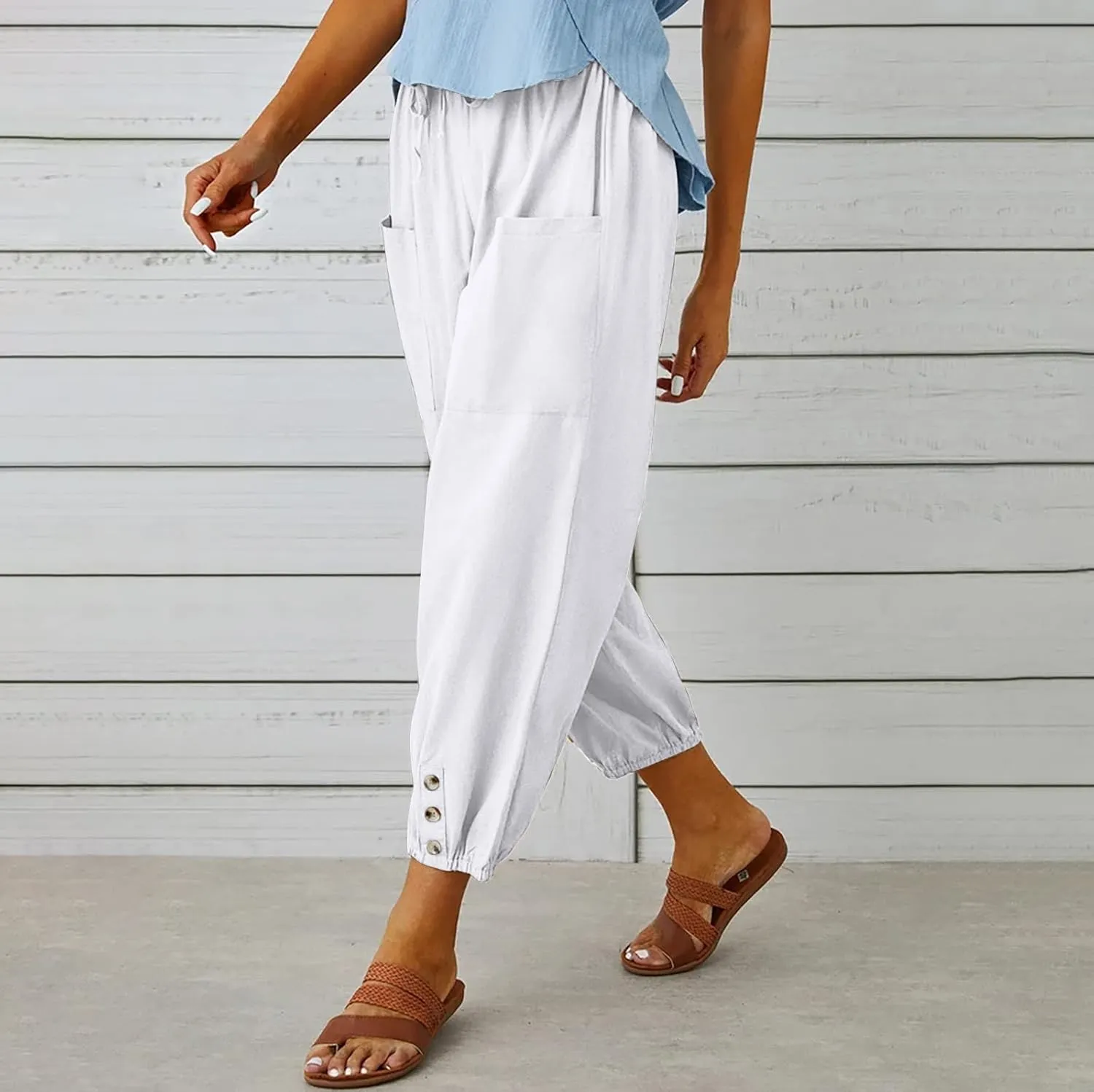 Women's Capri Pants High Waist Drawstring Cinch Bottom with Button Cotton Loose Casual Trouser with Pockets
