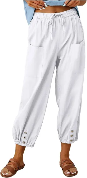 Women's Capri Pants High Waist Drawstring Cinch Bottom with Button Cotton Loose Casual Trouser with Pockets
