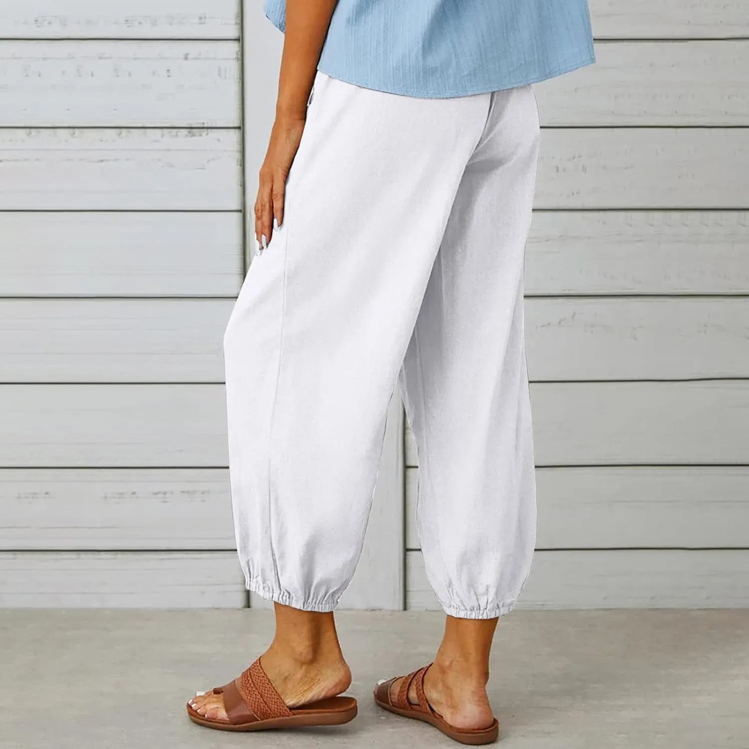 Women's Capri Pants High Waist Drawstring Cinch Bottom with Button Cotton Loose Casual Trouser with Pockets