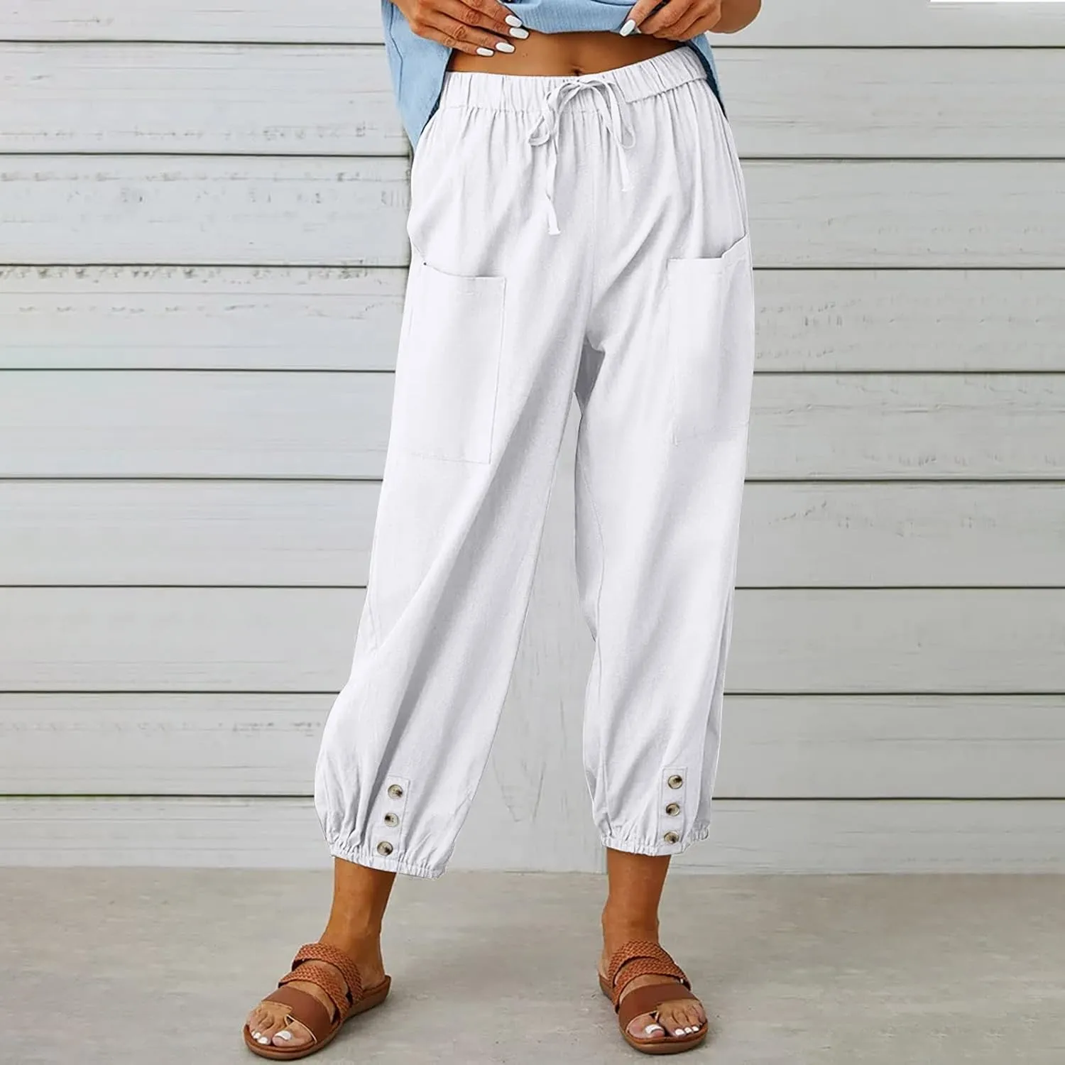 Women's Capri Pants High Waist Drawstring Cinch Bottom with Button Cotton Loose Casual Trouser with Pockets
