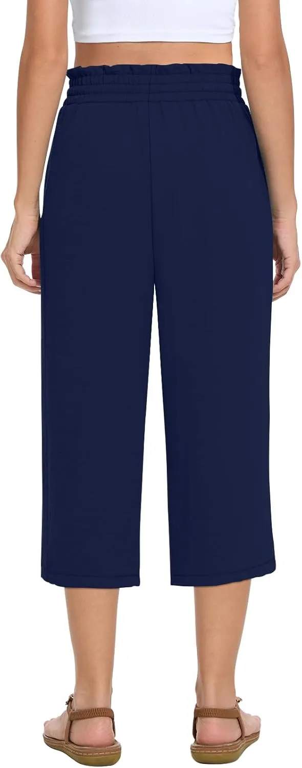 Womens Capri Pants Summer Wide Leg High Waisted Pants Drawstring Casual Trousers with Pockets