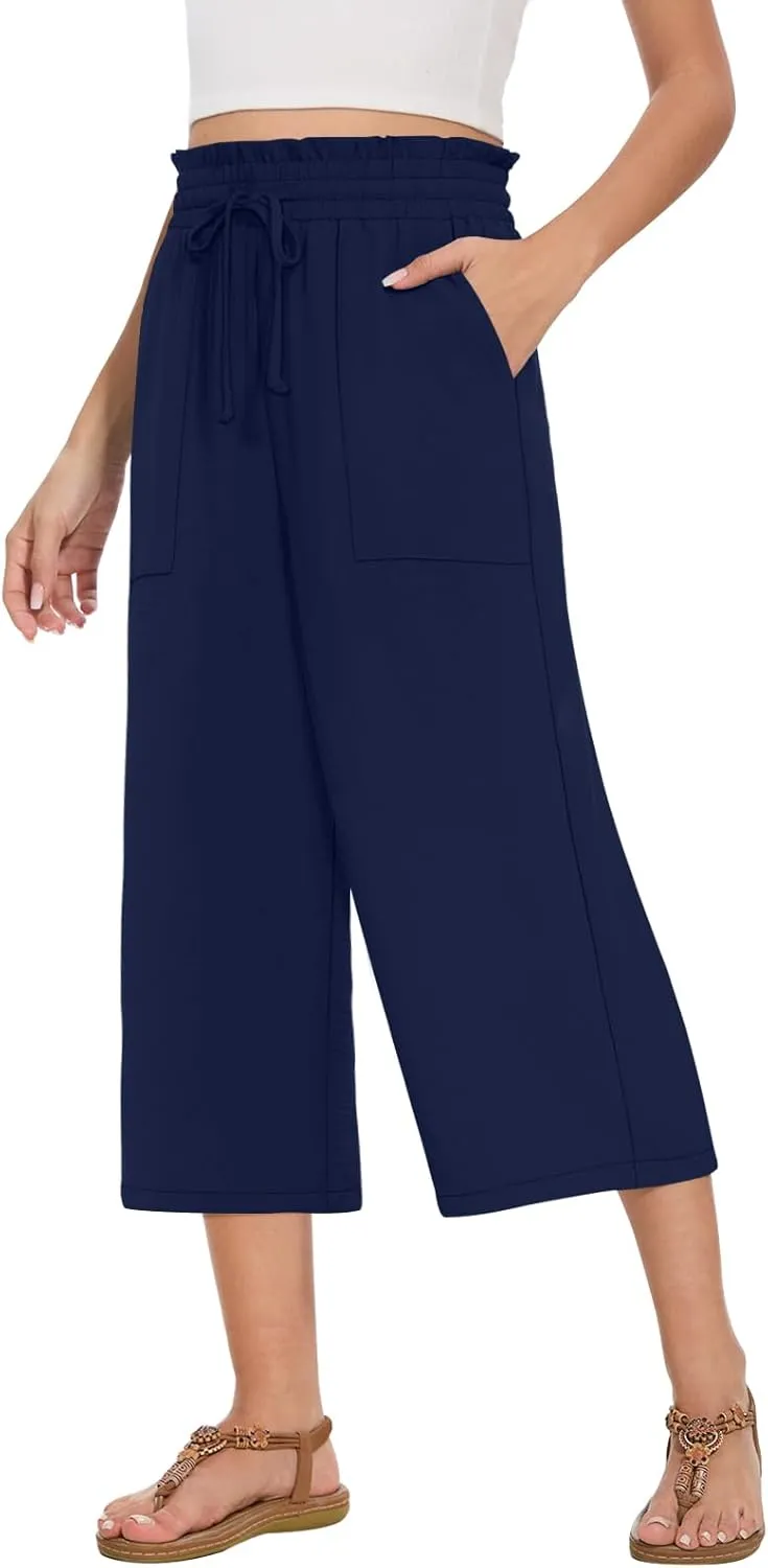 Womens Capri Pants Summer Wide Leg High Waisted Pants Drawstring Casual Trousers with Pockets