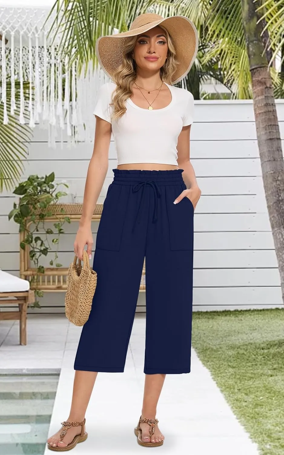 Womens Capri Pants Summer Wide Leg High Waisted Pants Drawstring Casual Trousers with Pockets