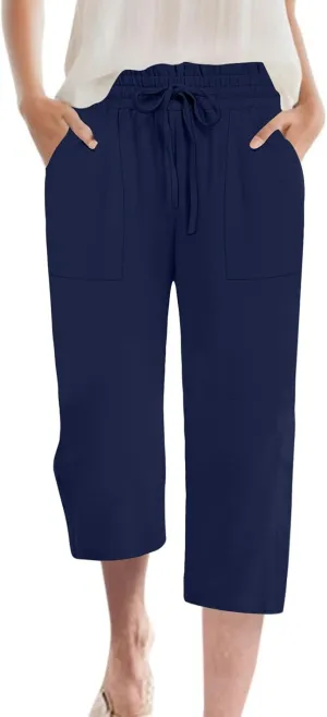Womens Capri Pants Summer Wide Leg High Waisted Pants Drawstring Casual Trousers with Pockets