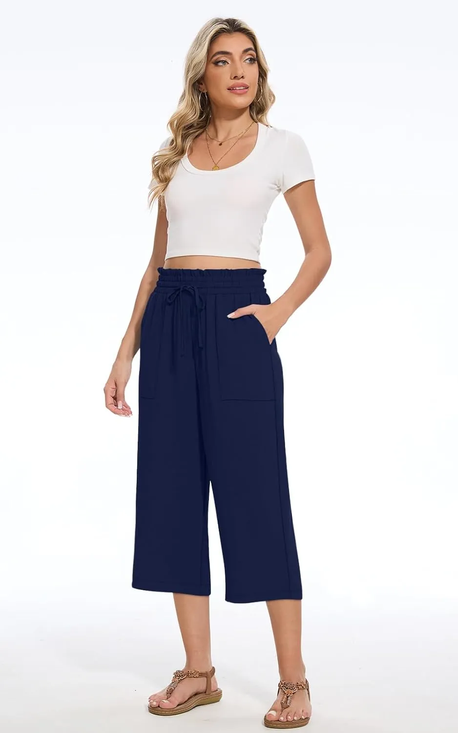 Womens Capri Pants Summer Wide Leg High Waisted Pants Drawstring Casual Trousers with Pockets