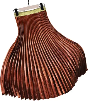 Womens Casual Elastic Waist Metallic Pleated Accordion Midi Long Skirts