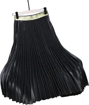 Womens Casual Elastic Waist Metallic Pleated Accordion Midi Long Skirts