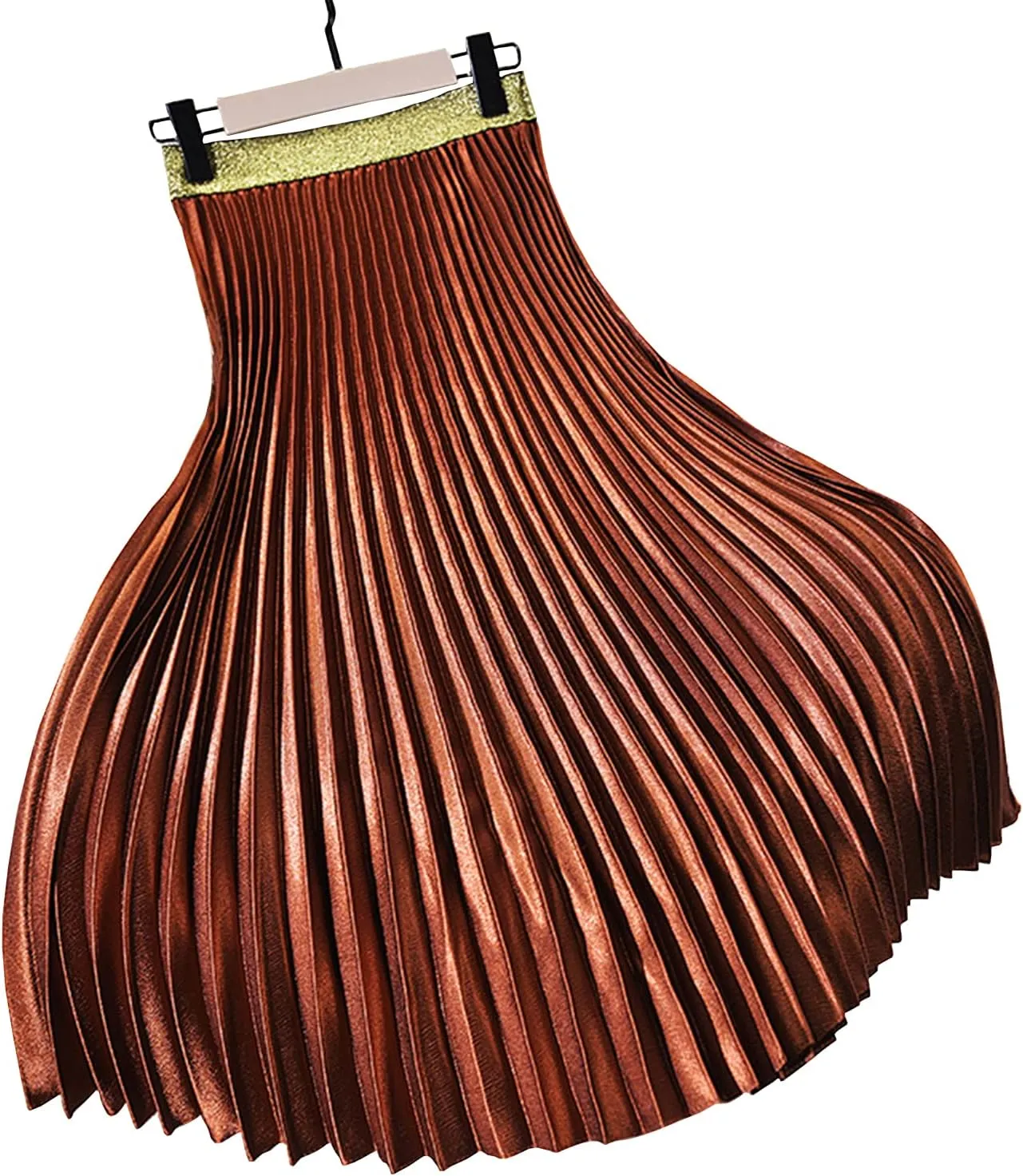 Womens Casual Elastic Waist Metallic Pleated Accordion Midi Long Skirts