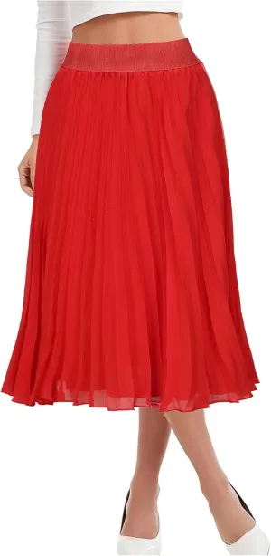 Womens Chiffon High Waist Skirt Pleated A-Line Swing Elastic Shirring Midi Length