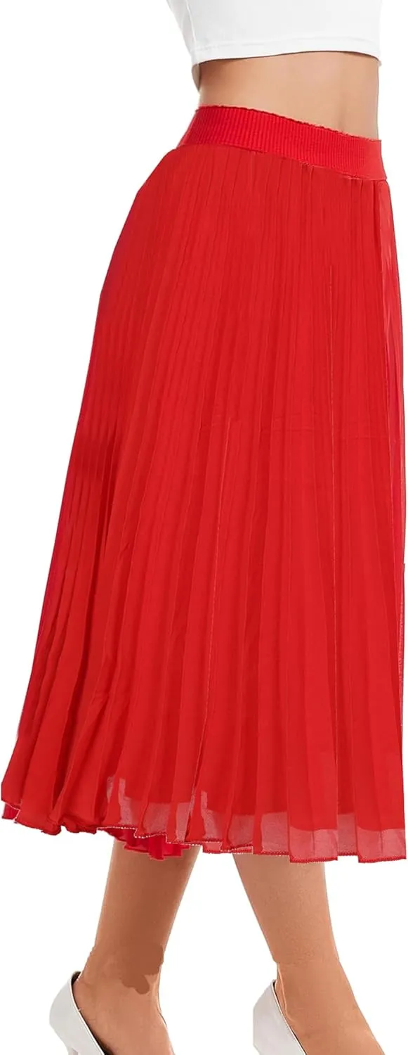 Womens Chiffon High Waist Skirt Pleated A-Line Swing Elastic Shirring Midi Length