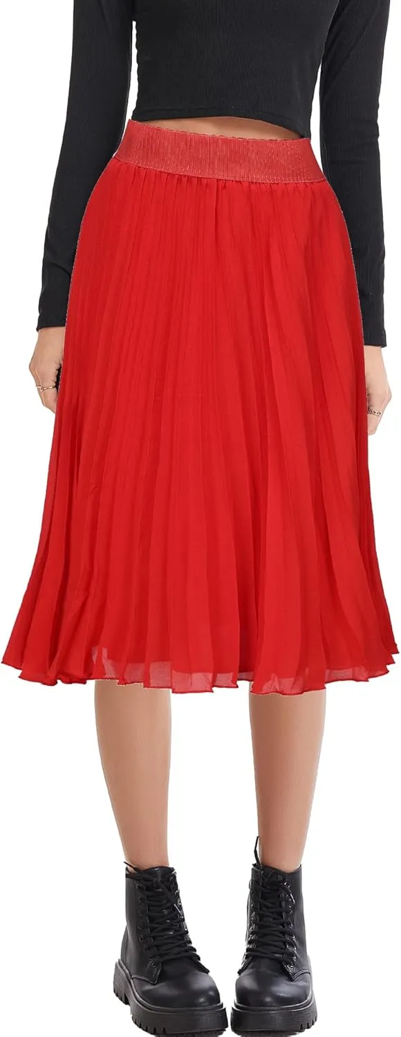Womens Chiffon High Waist Skirt Pleated A-Line Swing Elastic Shirring Midi Length