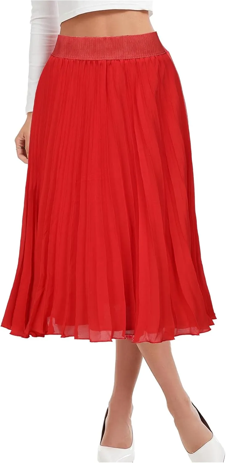 Womens Chiffon High Waist Skirt Pleated A-Line Swing Elastic Shirring Midi Length