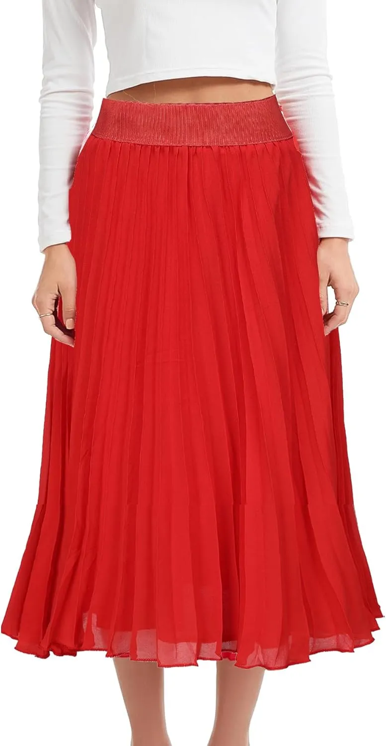 Womens Chiffon High Waist Skirt Pleated A-Line Swing Elastic Shirring Midi Length