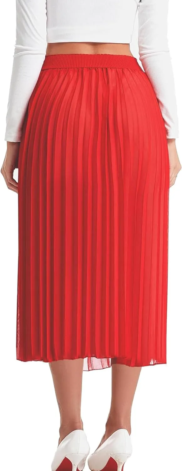 Womens Chiffon High Waist Skirt Pleated A-Line Swing Elastic Shirring Midi Length