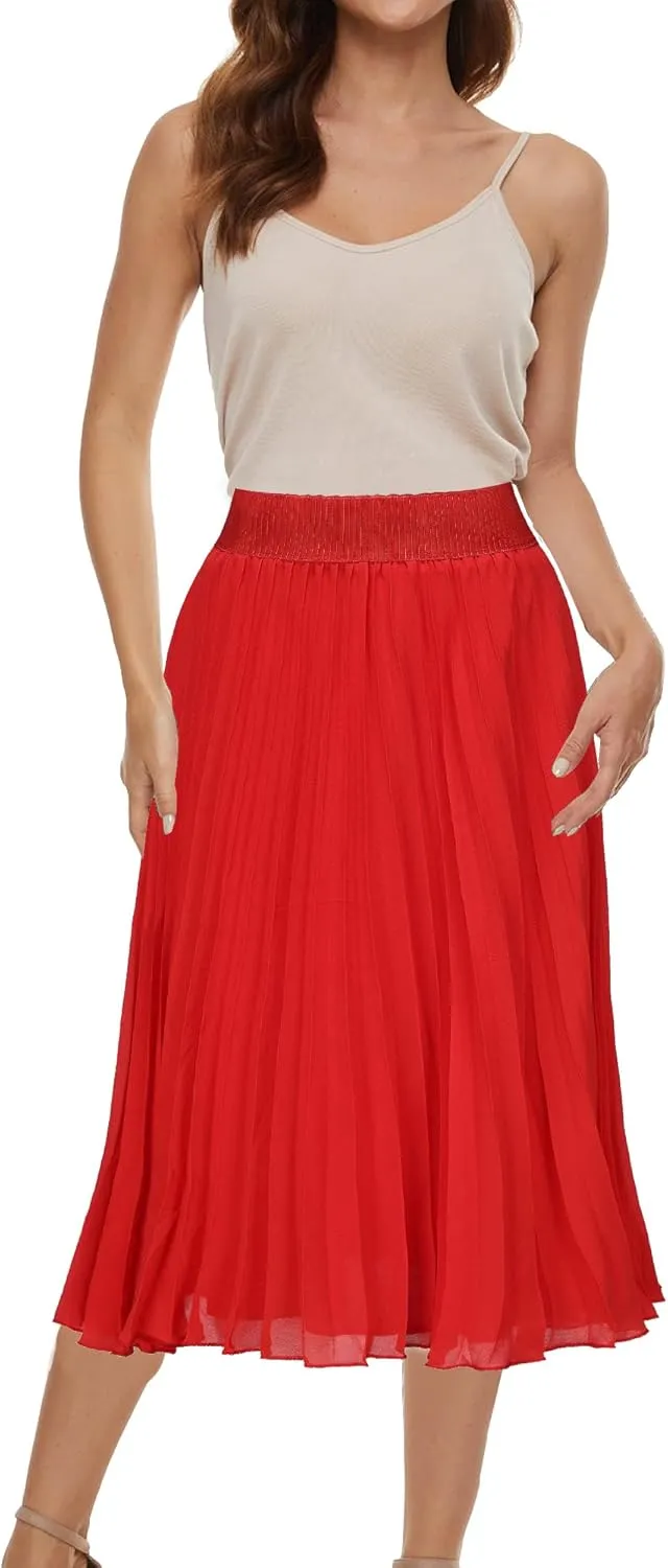 Womens Chiffon High Waist Skirt Pleated A-Line Swing Elastic Shirring Midi Length