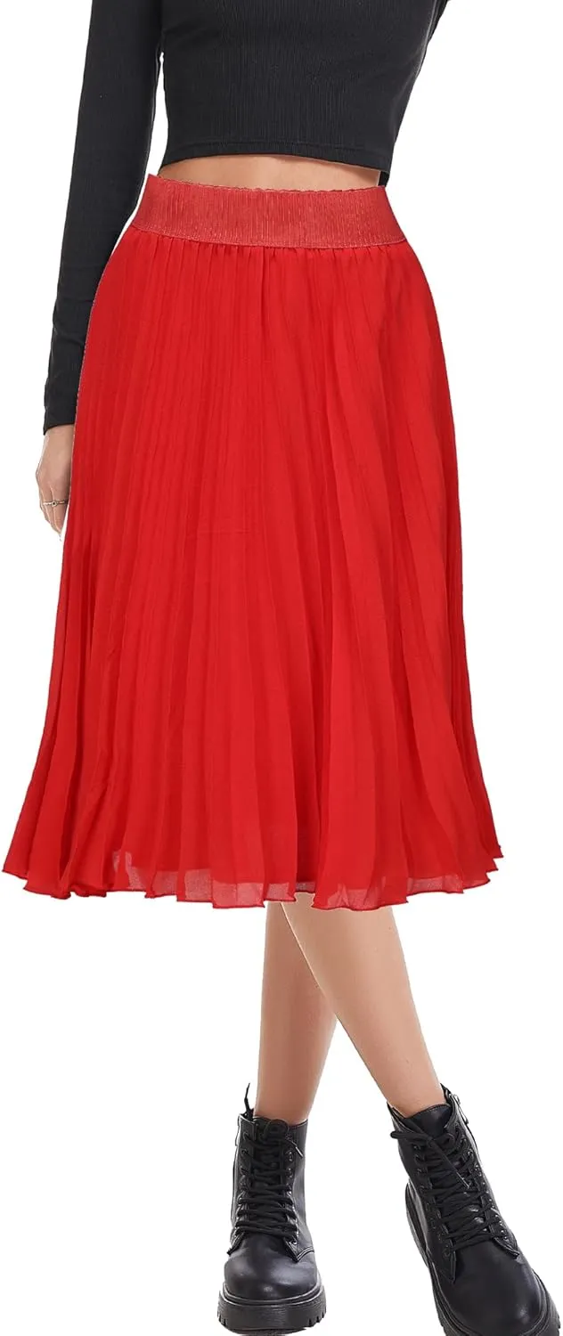 Womens Chiffon High Waist Skirt Pleated A-Line Swing Elastic Shirring Midi Length