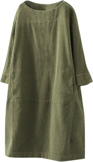 Womens Corduroy Vintage Long Sleeve Dress Oversize Tunic Dress Casual Loose Fit Dress Plus Size Mini Dress with Pocket