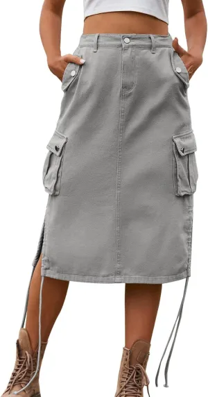 Women's Denim lace up Tooling Skirt Casual mid Length Skirt Animal Print Skirt with Slit