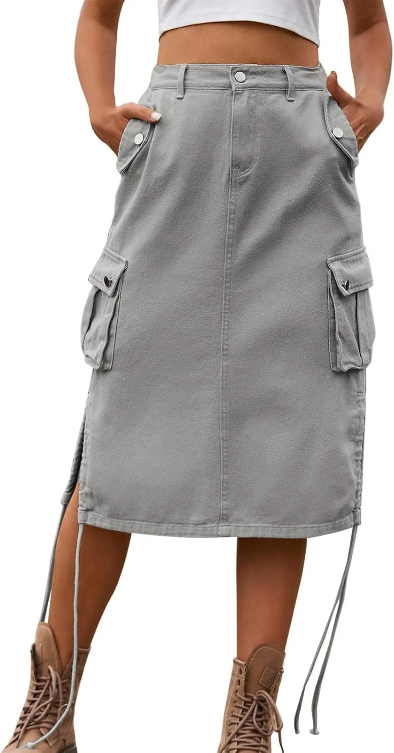 Women's Denim lace up Tooling Skirt Casual mid Length Skirt Animal Print Skirt with Slit
