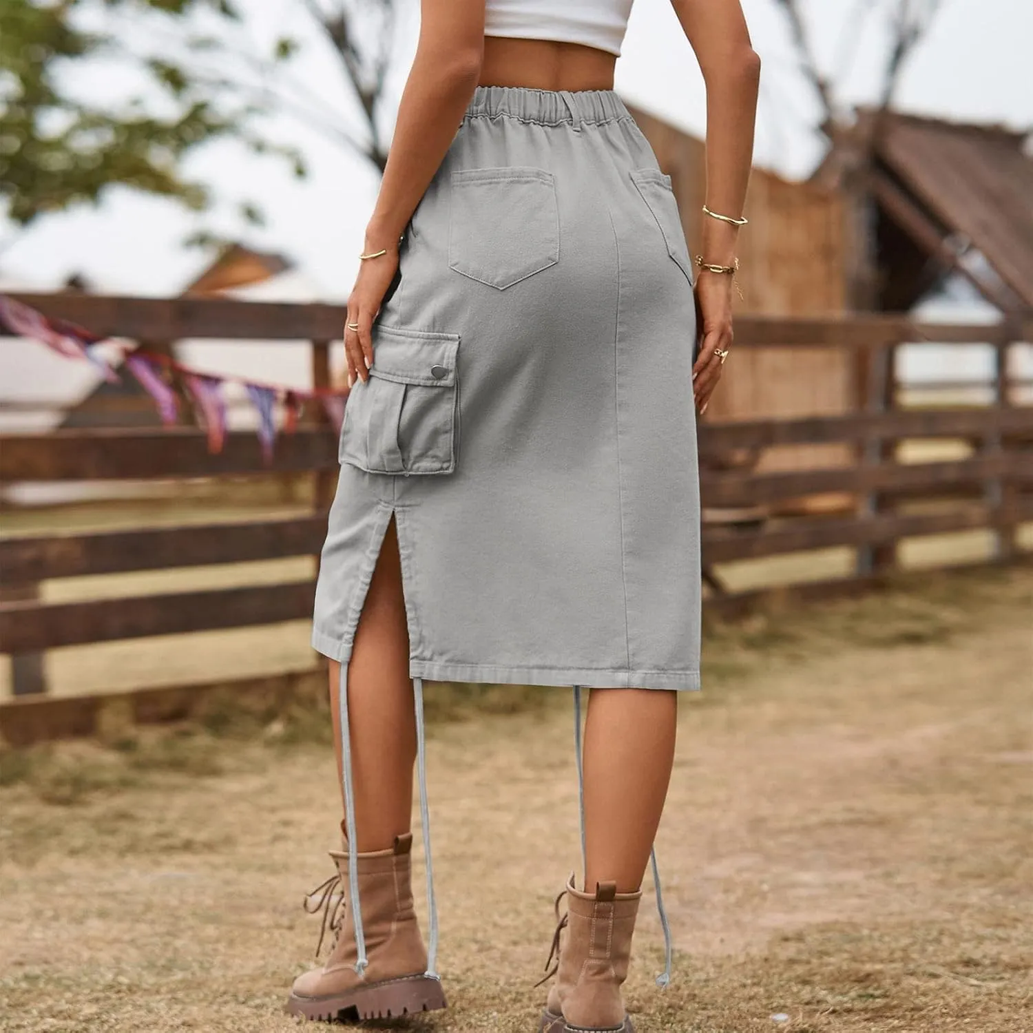 Women's Denim lace up Tooling Skirt Casual mid Length Skirt Animal Print Skirt with Slit