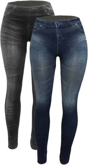 Women's Denim Print Fake Jeans Seamless Fleece Lined Leggings, Full Length