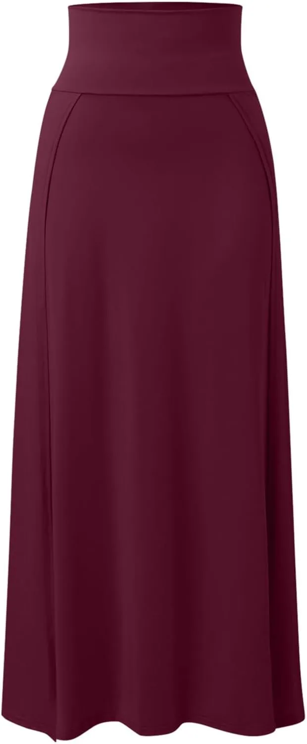 Womens Double Split Maxi Long Skirt Ladies Plain Basic Two Side Slit 4 22 Skirts Plus Size Elastic Waist