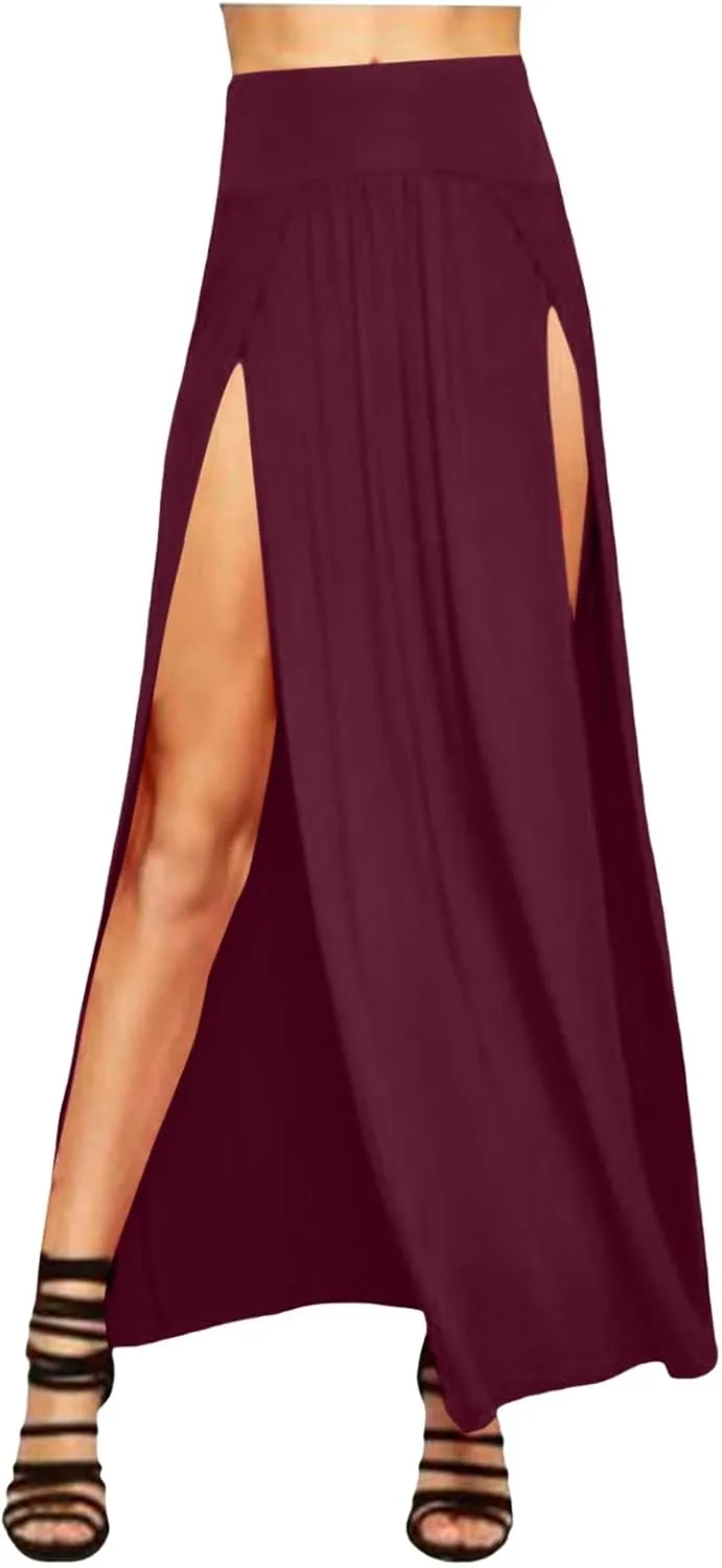 Womens Double Split Maxi Long Skirt Ladies Plain Basic Two Side Slit 4 22 Skirts Plus Size Elastic Waist
