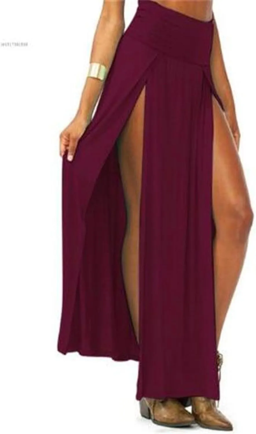 Womens Double Split Maxi Long Skirt Ladies Plain Basic Two Side Slit 4 22 Skirts Plus Size Elastic Waist