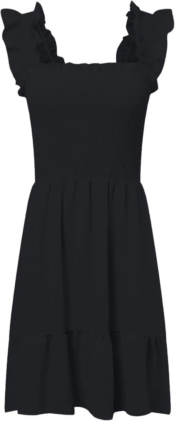 Women's Dresses Solid Color Square Collar Sleeveless Smocked Ruffle Dress High Waist Backless Tiered Mini Dresses