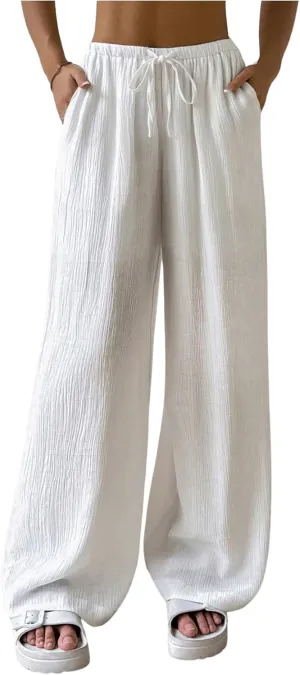Women's Elastic Drawstring Waist Wide Leg Pants Loose Fit Sheer Cover Up Beach Pants Lounge with Pocket