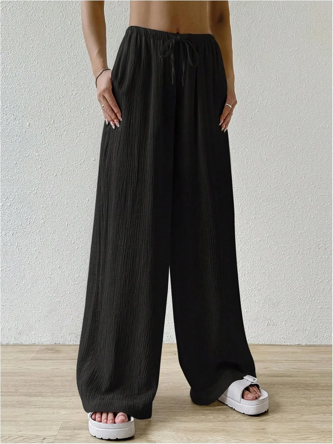 Women's Elastic Drawstring Waist Wide Leg Pants Loose Fit Sheer Cover Up Beach Pants Lounge with Pocket