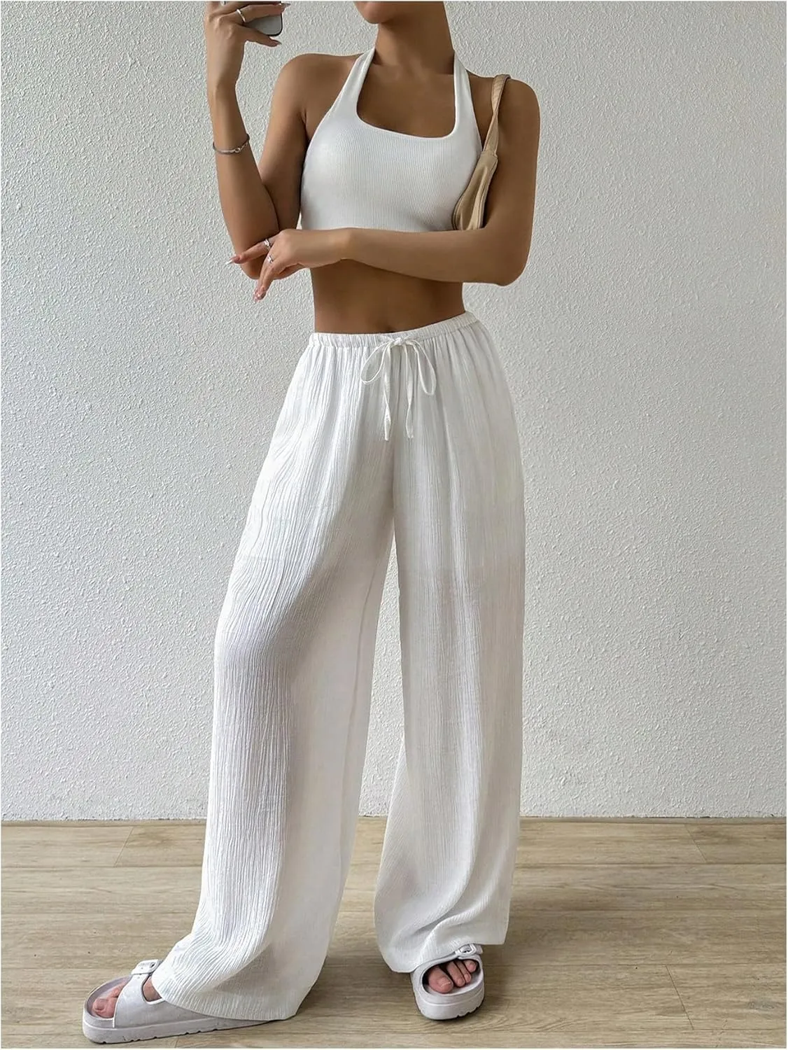 Women's Elastic Drawstring Waist Wide Leg Pants Loose Fit Sheer Cover Up Beach Pants Lounge with Pocket