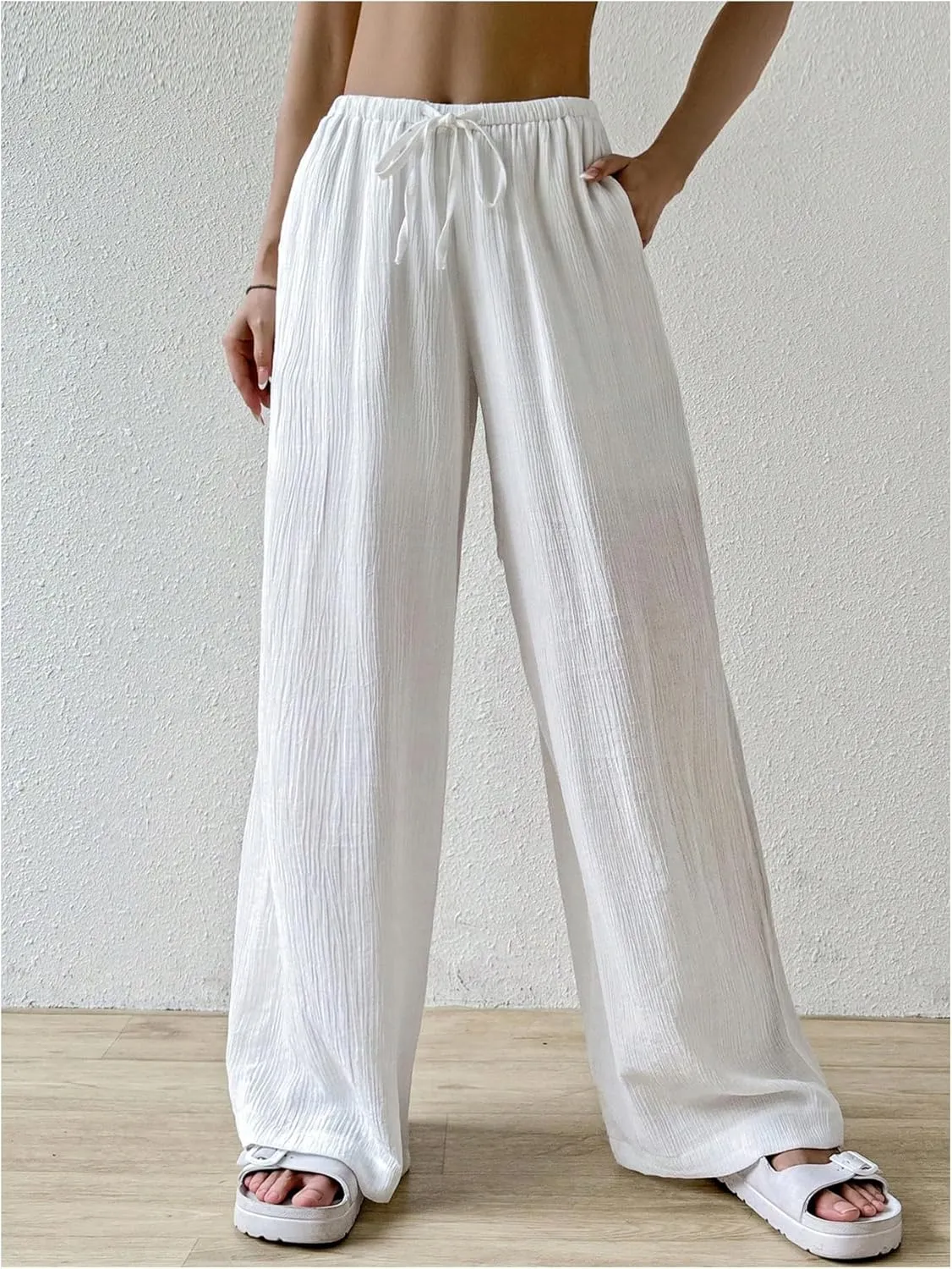 Women's Elastic Drawstring Waist Wide Leg Pants Loose Fit Sheer Cover Up Beach Pants Lounge with Pocket