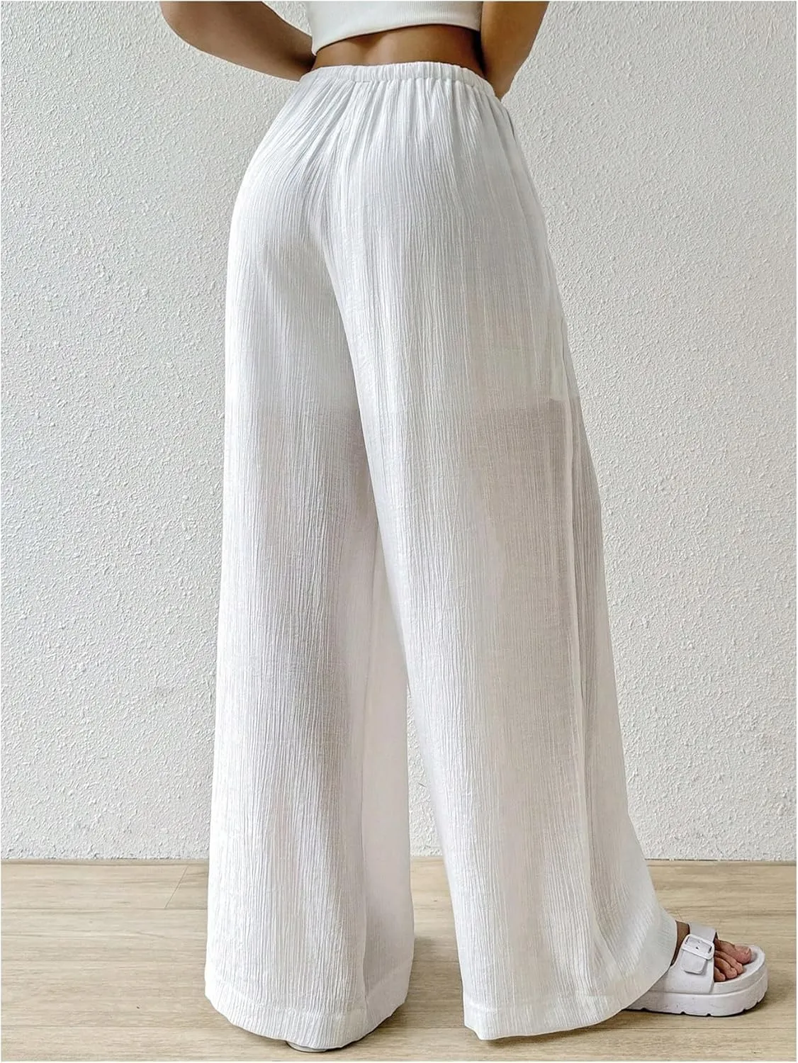 Women's Elastic Drawstring Waist Wide Leg Pants Loose Fit Sheer Cover Up Beach Pants Lounge with Pocket
