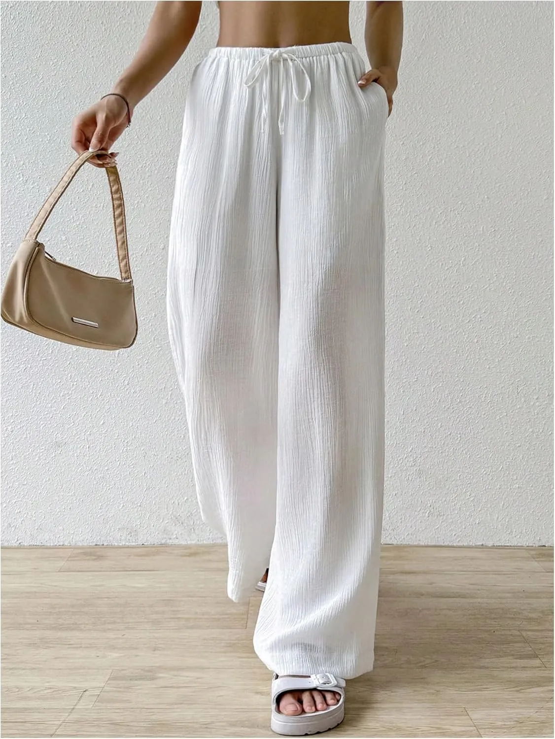 Women's Elastic Drawstring Waist Wide Leg Pants Loose Fit Sheer Cover Up Beach Pants Lounge with Pocket