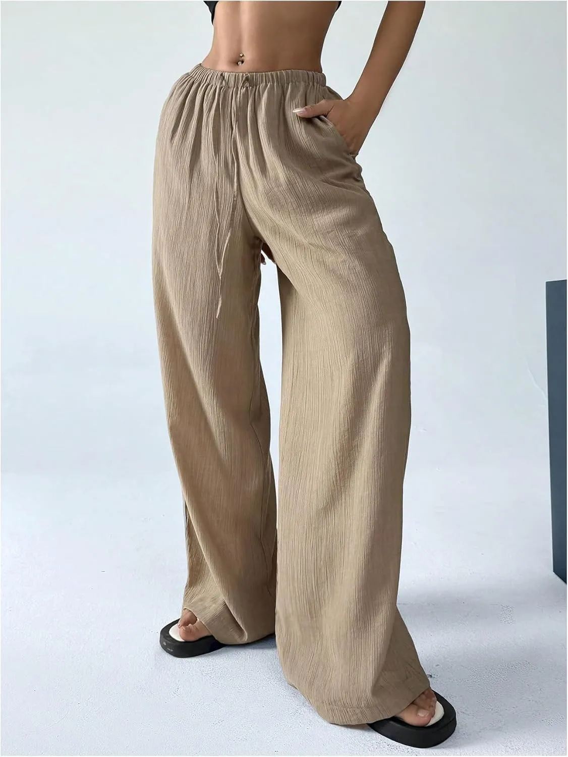 Women's Elastic Drawstring Waist Wide Leg Pants Loose Fit Sheer Cover Up Beach Pants Lounge with Pocket
