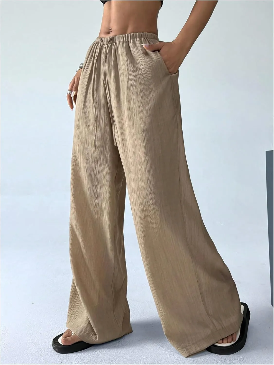 Women's Elastic Drawstring Waist Wide Leg Pants Loose Fit Sheer Cover Up Beach Pants Lounge with Pocket