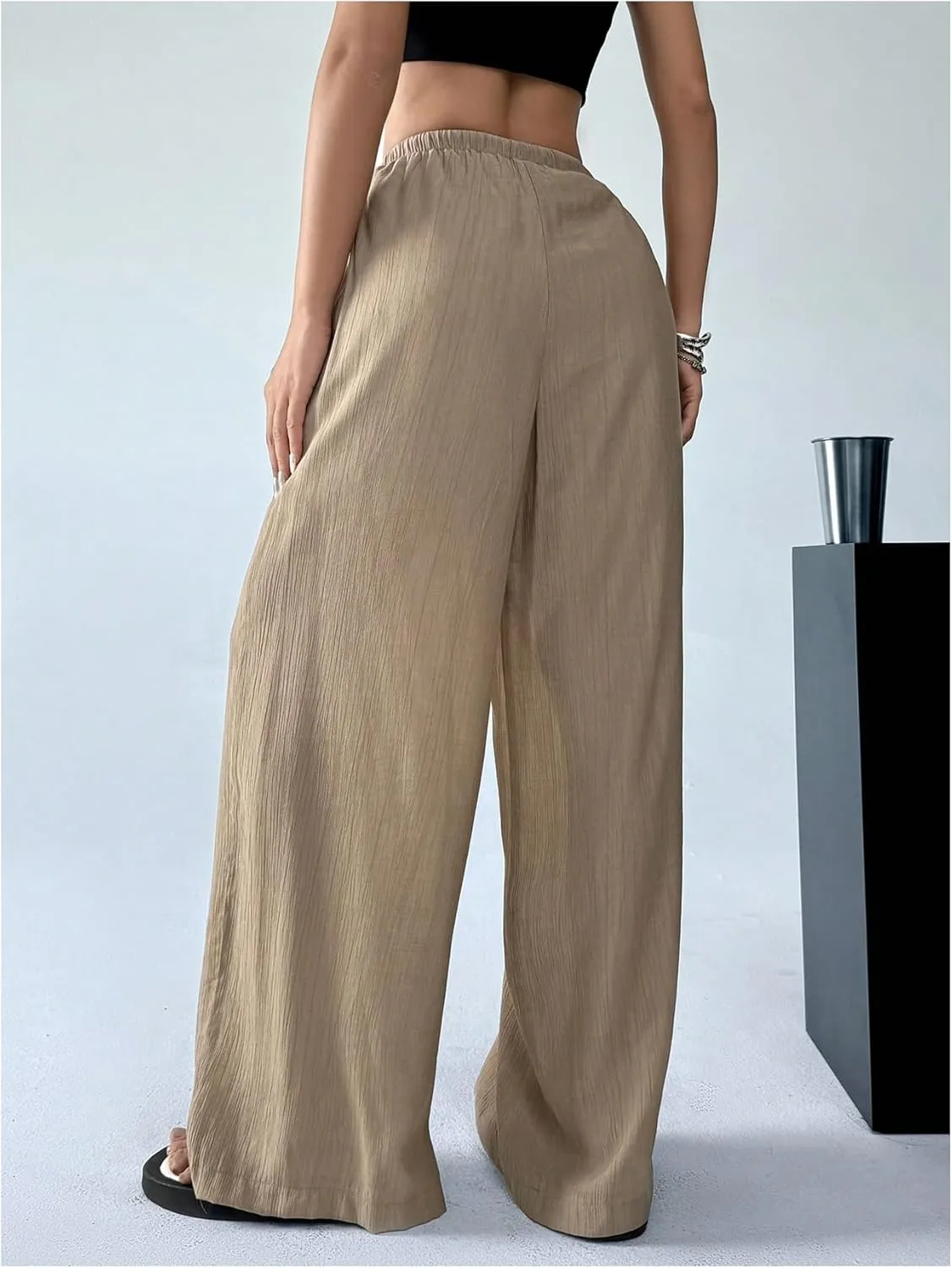 Women's Elastic Drawstring Waist Wide Leg Pants Loose Fit Sheer Cover Up Beach Pants Lounge with Pocket